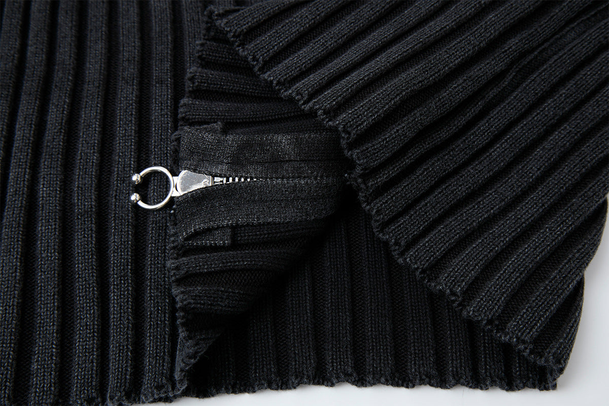 Ribbed Knit Mock-Neck Full-Zip Cardigan Sweater with Lightning Bolt Embroidery
