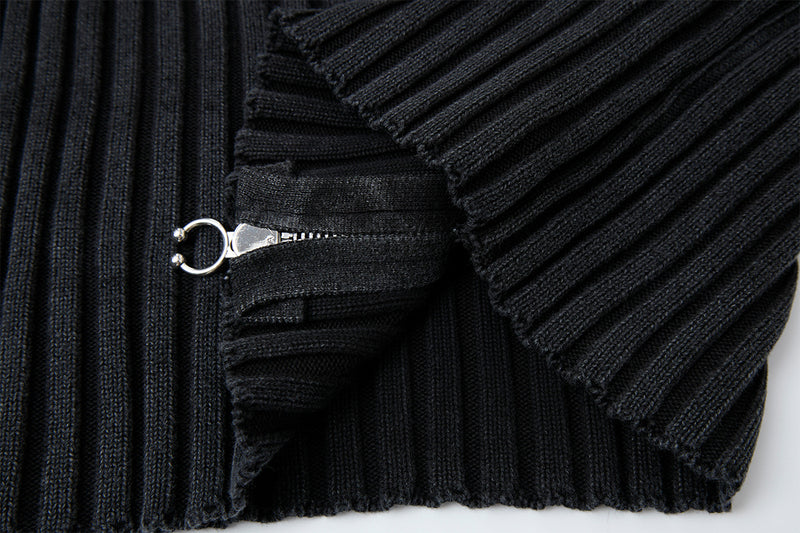 Ribbed Knit Mock-Neck Full-Zip Cardigan Sweater with Lightning Bolt Embroidery