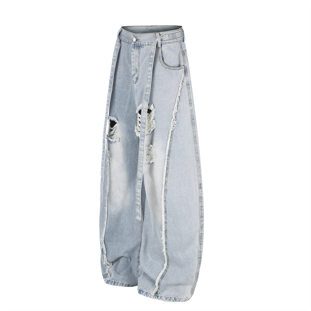Light Wash Distressed Wide-Leg Jeans – Deconstructed Raw Edge Streetwear Denim
