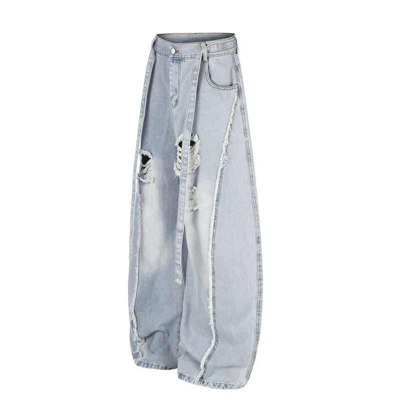 Light Wash Distressed Wide-Leg Jeans – Deconstructed Raw Edge Streetwear Denim