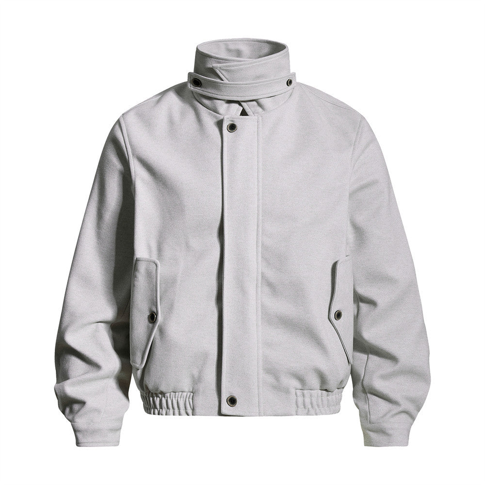Blouson bomber homme court à col montant, gris clair, avec patte de boutonnage à pression, ourlet élastiqué et coupe oversize décontractée