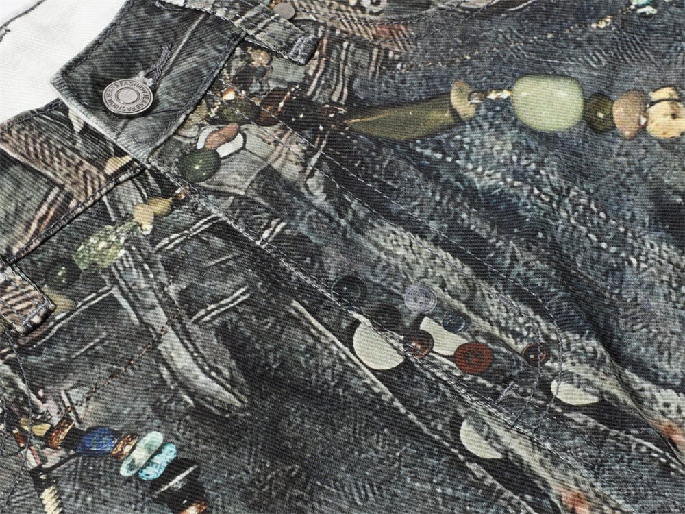 Wide-Leg Jeans with Chain & Bead Embellishments – Vintage Dirty-Wash Punk Denim