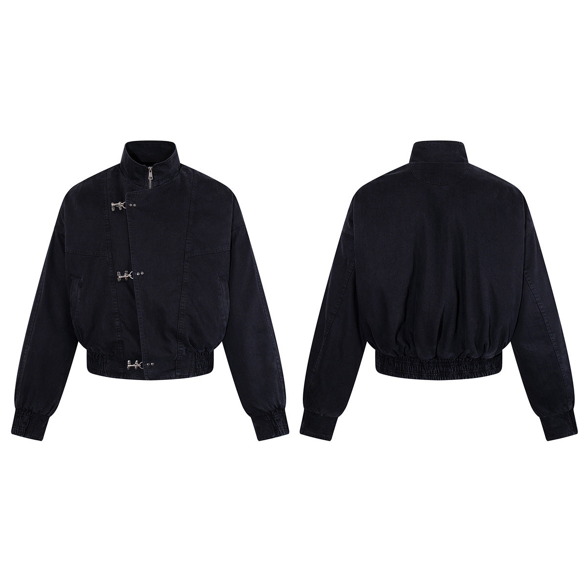 Stand Collar Bomber Jacket – Black Oversized Cropped Denim with Metal Clasp