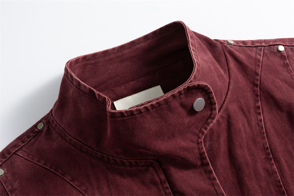 Men's Washed Denim Stand Collar Jacket with Metal Clasp