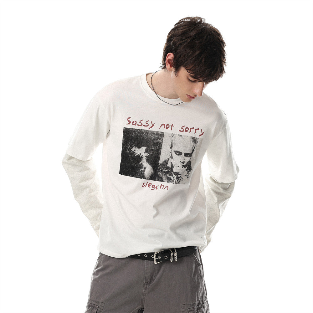 Men's oversized faux-layered long sleeve graphic tee in white with distressed portrait print and heather grey sleeve underlay