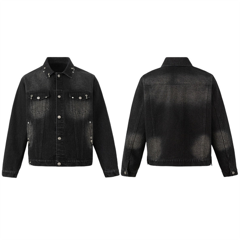 Black Jean Jacket Men – Punk Washed Denim with Metal Ring Hardware