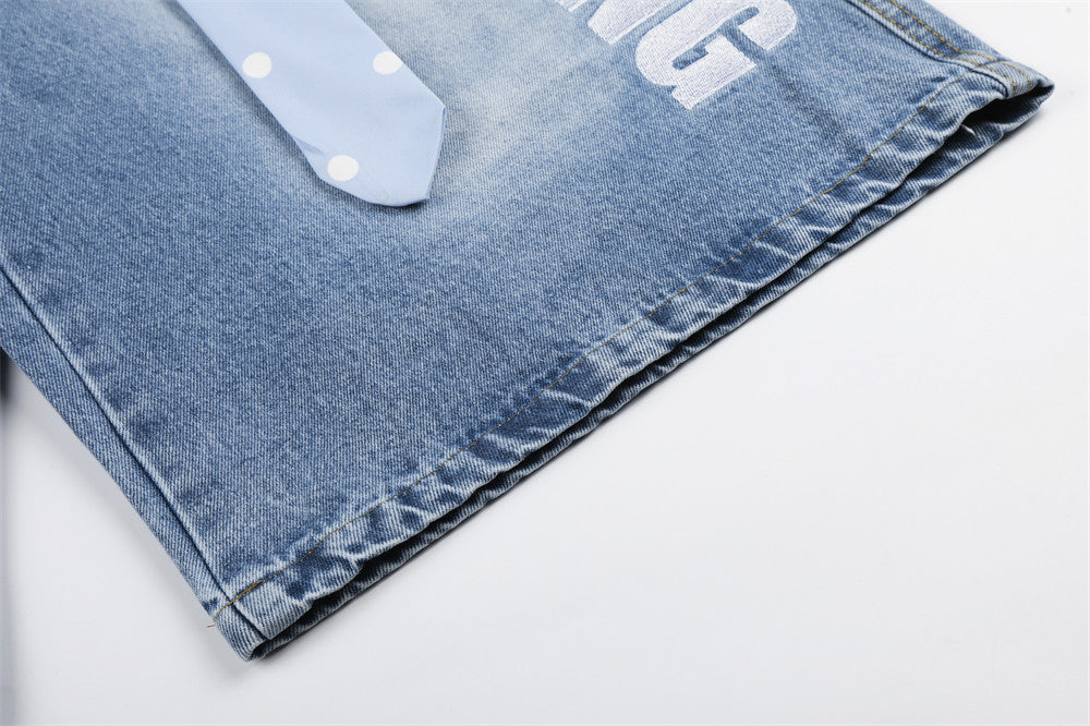 I Love RUNTENG Letter Print Wide-Leg Denim Shorts with Polka Dot Tie Detail