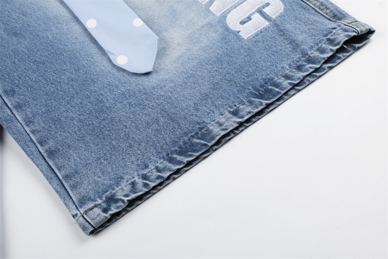 I Love RUNTENG Letter Print Wide-Leg Denim Shorts with Polka Dot Tie Detail