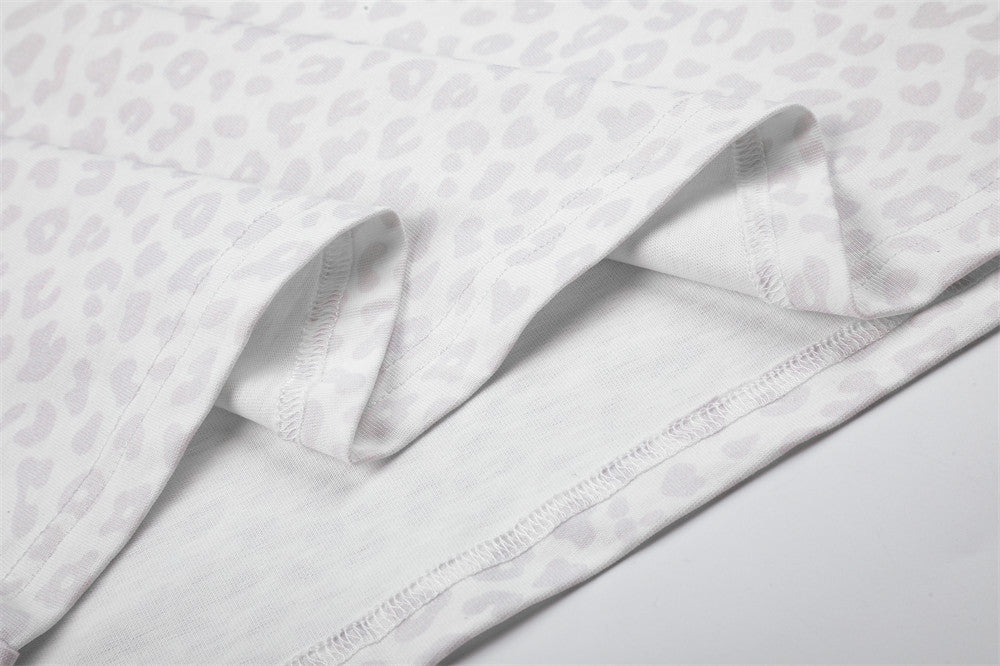 White Long Sleeve Polo Shirt with Leopard Texture, Stripe Collar & Ribbon Detail