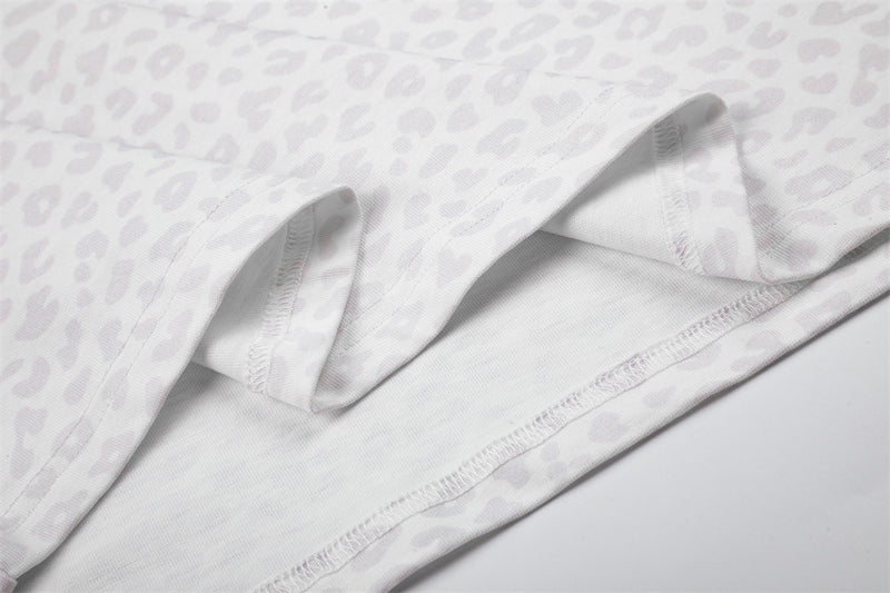 White Long Sleeve Polo Shirt with Leopard Texture, Stripe Collar & Ribbon Detail