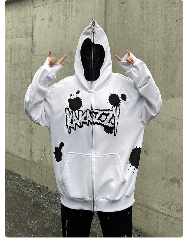 Monochrome Ink Splatter Hoodie - 400GSM Oversized White and Black Zip-Up Streetwear Sweatshirt