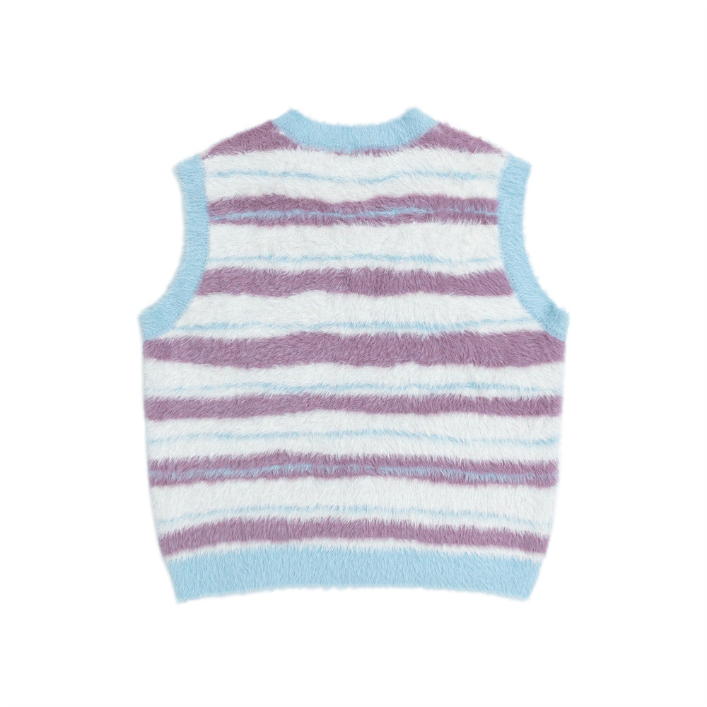 Gilet pull rayé col V – Pull sans manches en maille duveteuse