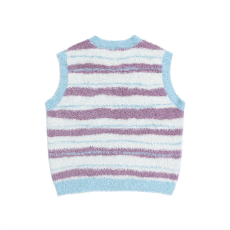 Gilet pull rayé col V – Pull sans manches en maille duveteuse