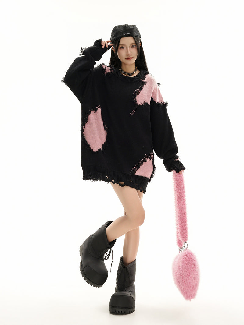 Pull en maille color block effet usé – Pull oversize à franges, style high-street