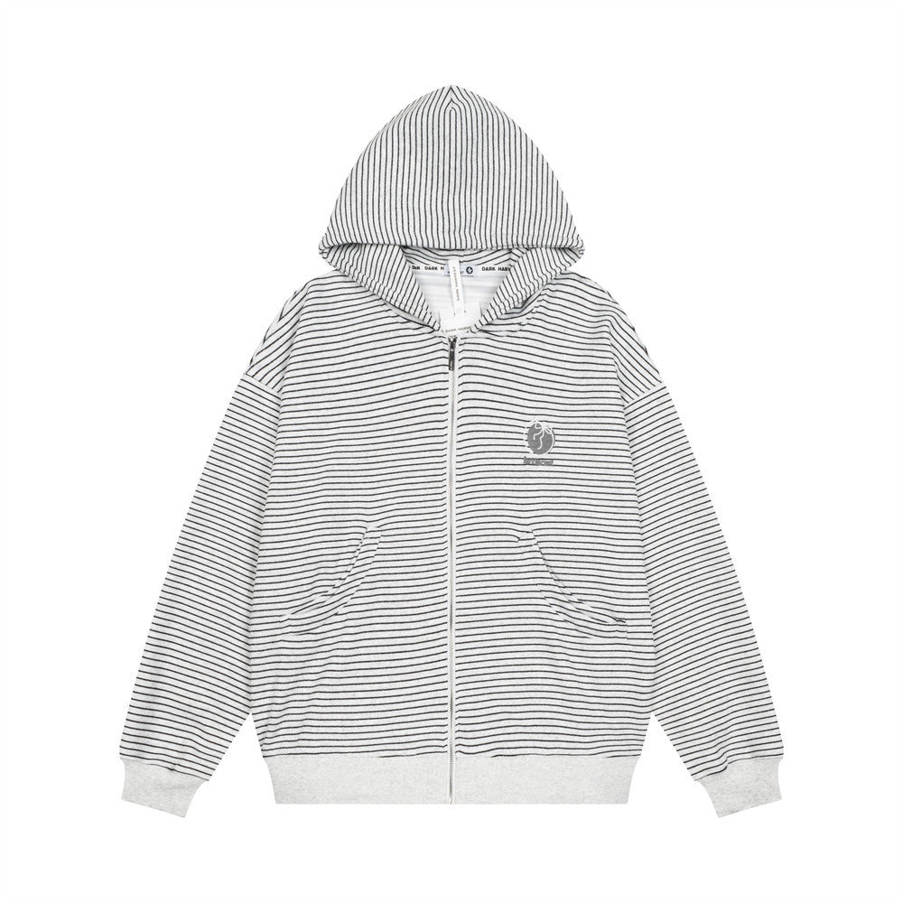 Men's relaxed-fit striped zip-up hoodie with full-length zip and hood, shown in white/black stripe colorway