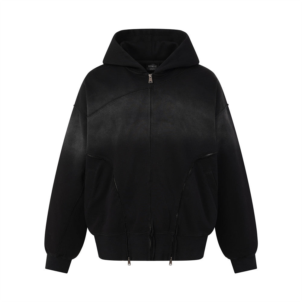 Sweat à capuche zippé oversize, noir délavé et usé, coutures d'empiècements asymétriques, poches zippées multiples et détails à bords francs