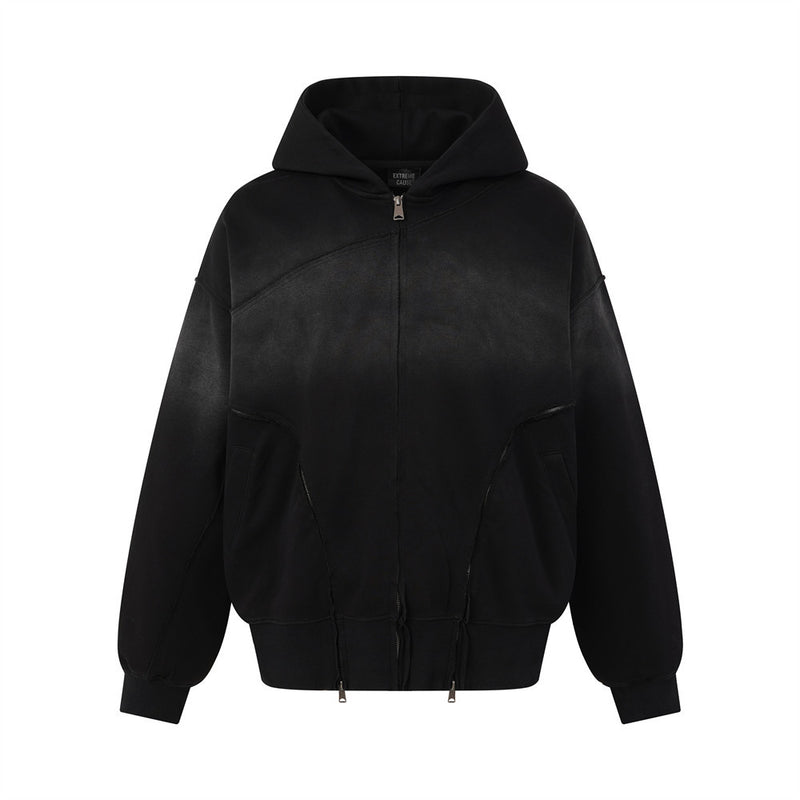 Sweat à capuche zippé oversize, noir délavé et usé, coutures d'empiècements asymétriques, poches zippées multiples et détails à bords francs