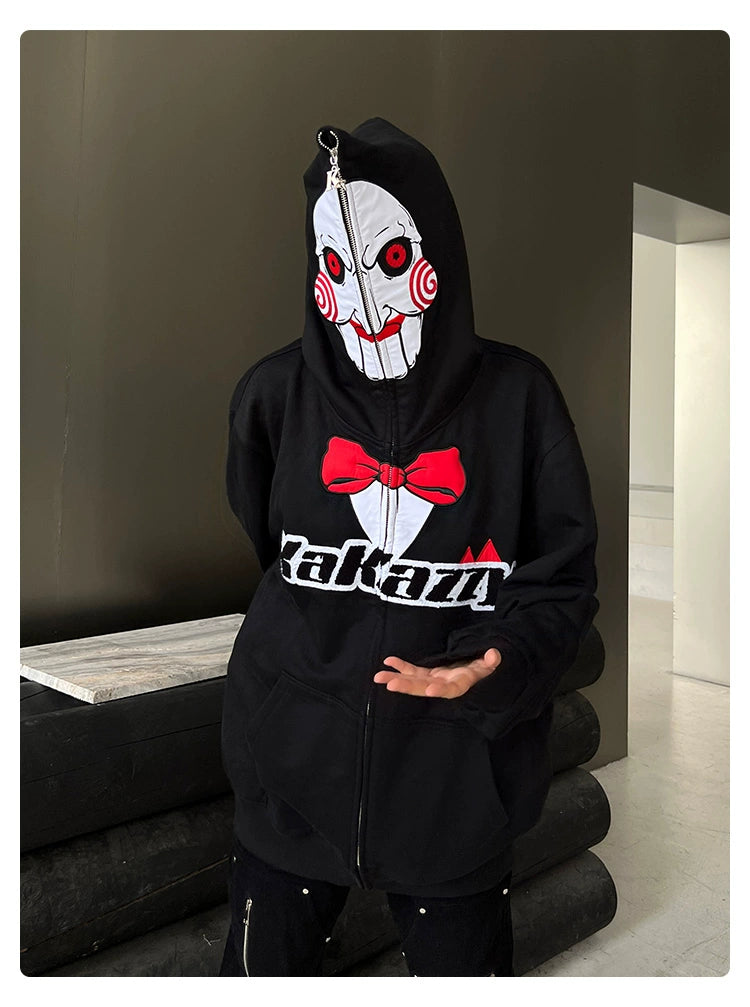 Saw-Inspired Hoodie - 400GSM Oversized Black Zip-Up Horror Movie Sweatshirt