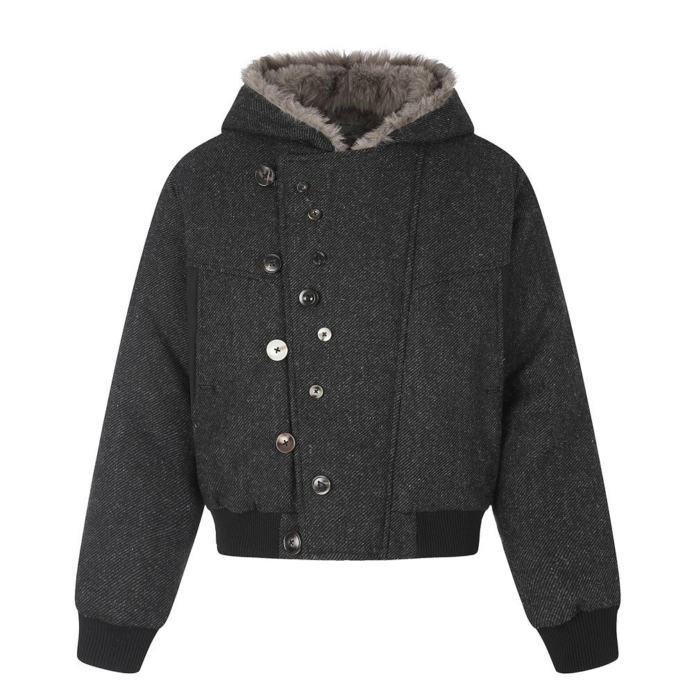 Fur-Trim Hooded Wool-Blend Bomber Jacket with Asymmetric Button Placket