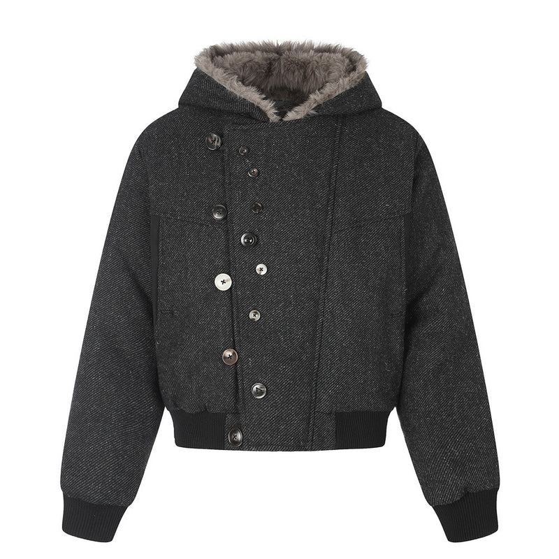 Fur-Trim Hooded Wool-Blend Bomber Jacket with Asymmetric Button Placket