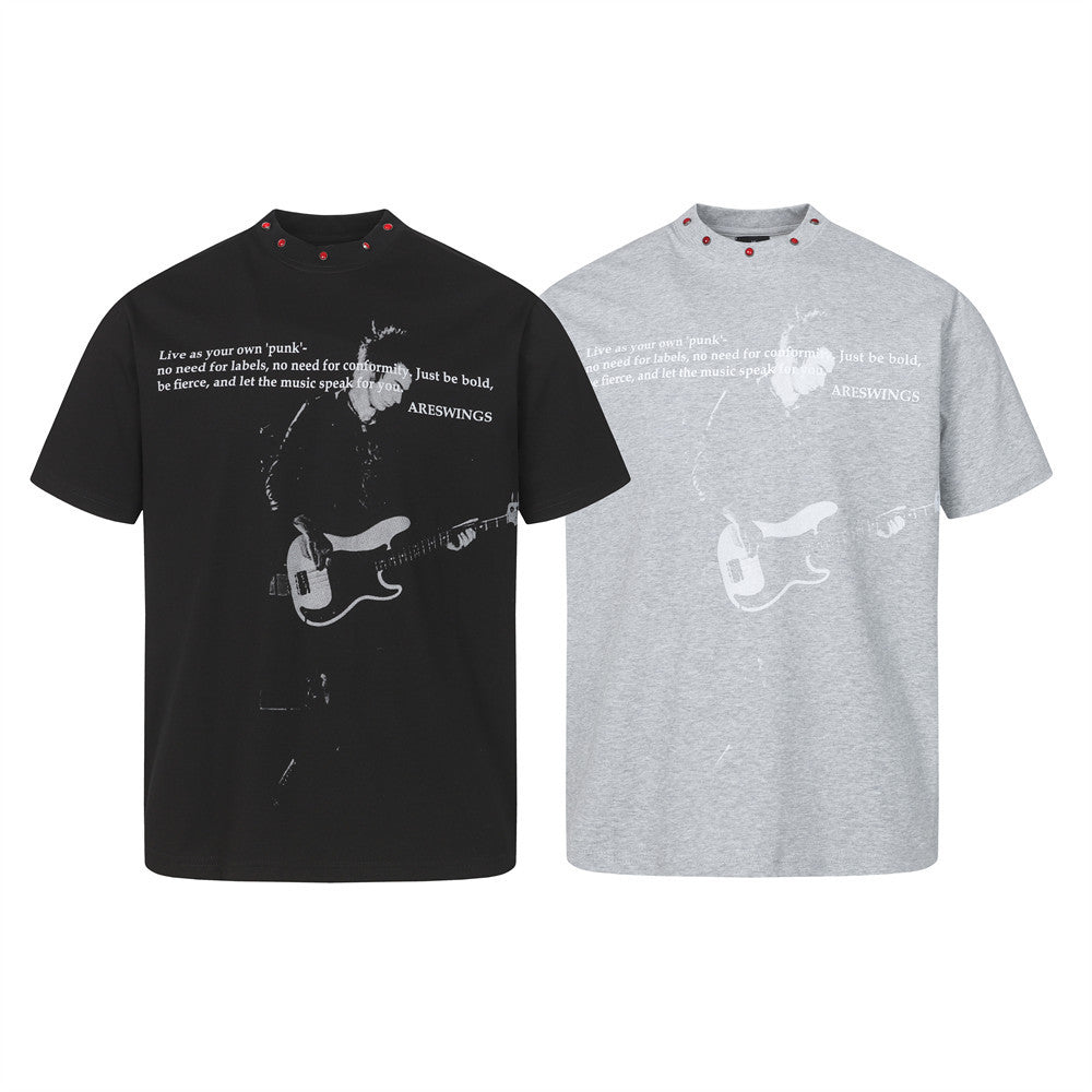 ARESWINGS Punk Guitarist Graphic T-Shirt with Red Studded Collar