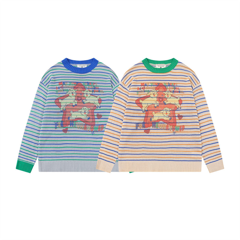 Jersey Extragrande de Cuello Redondo para Hombre – Punto de Rayas con Estampado de Corderos y Estrellas