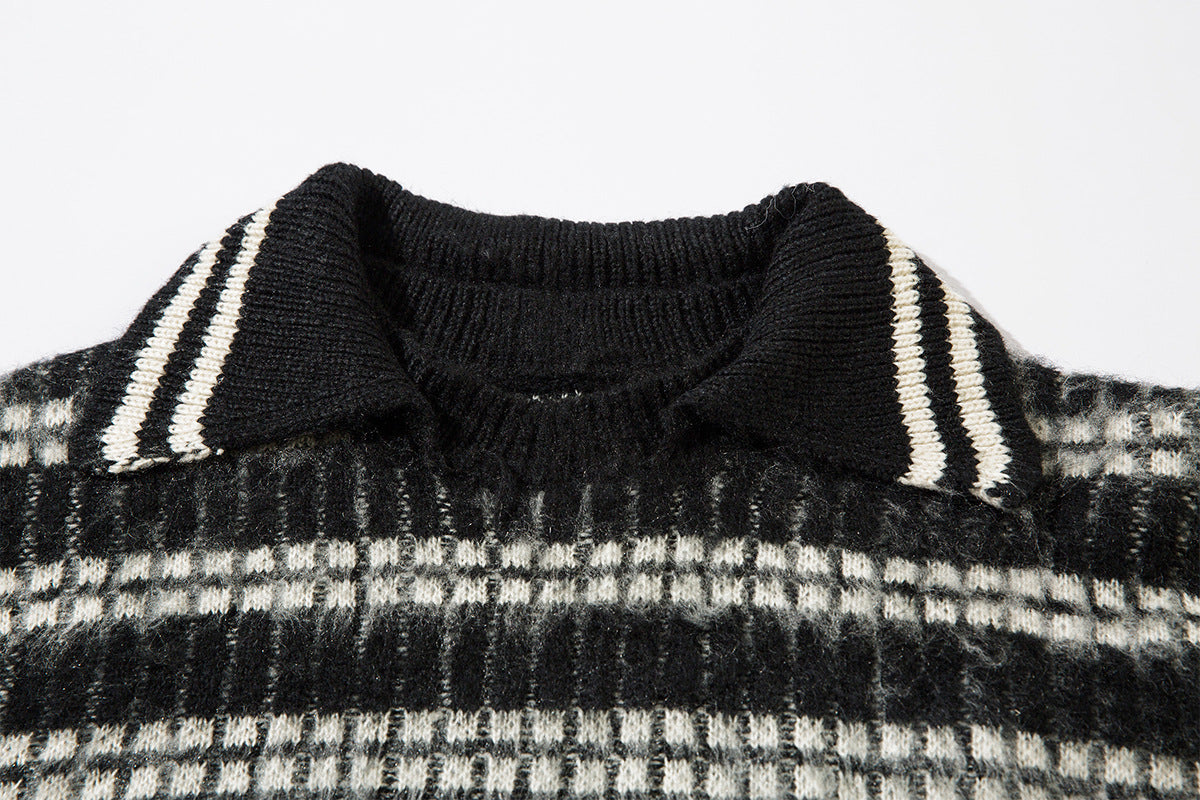 Striped Knit Sweater with Polo Collar – Oversized Fuzzy Texture