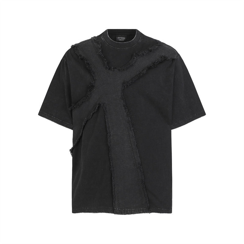 Men's Oversized Washed Cotton Tee with Frayed Cross Patchwork Design