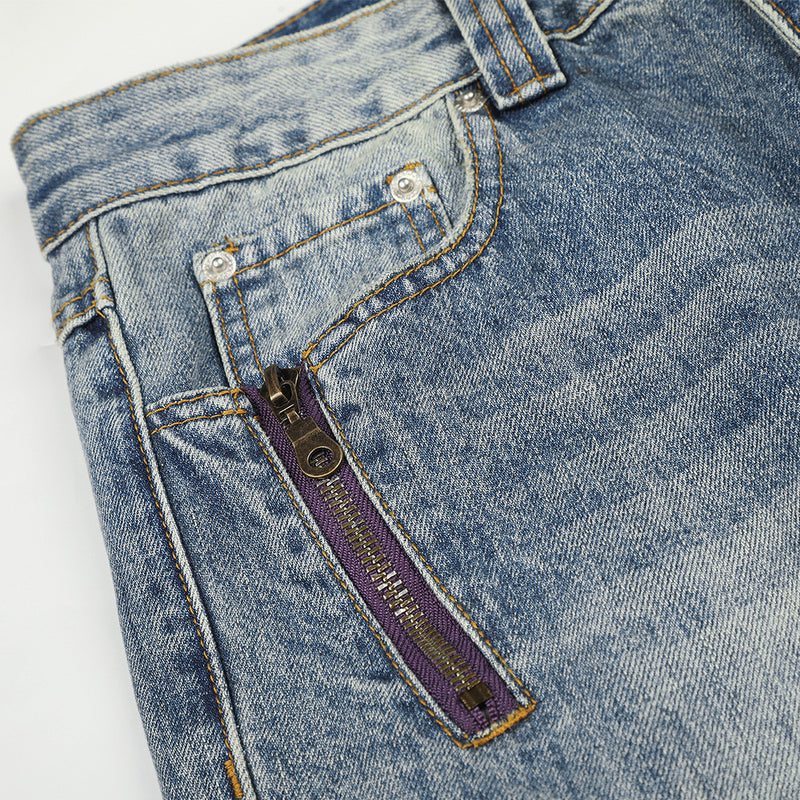 Jean baggy à jambes larges – Denim bleu délavé homme, coupe droite avec poche zippée