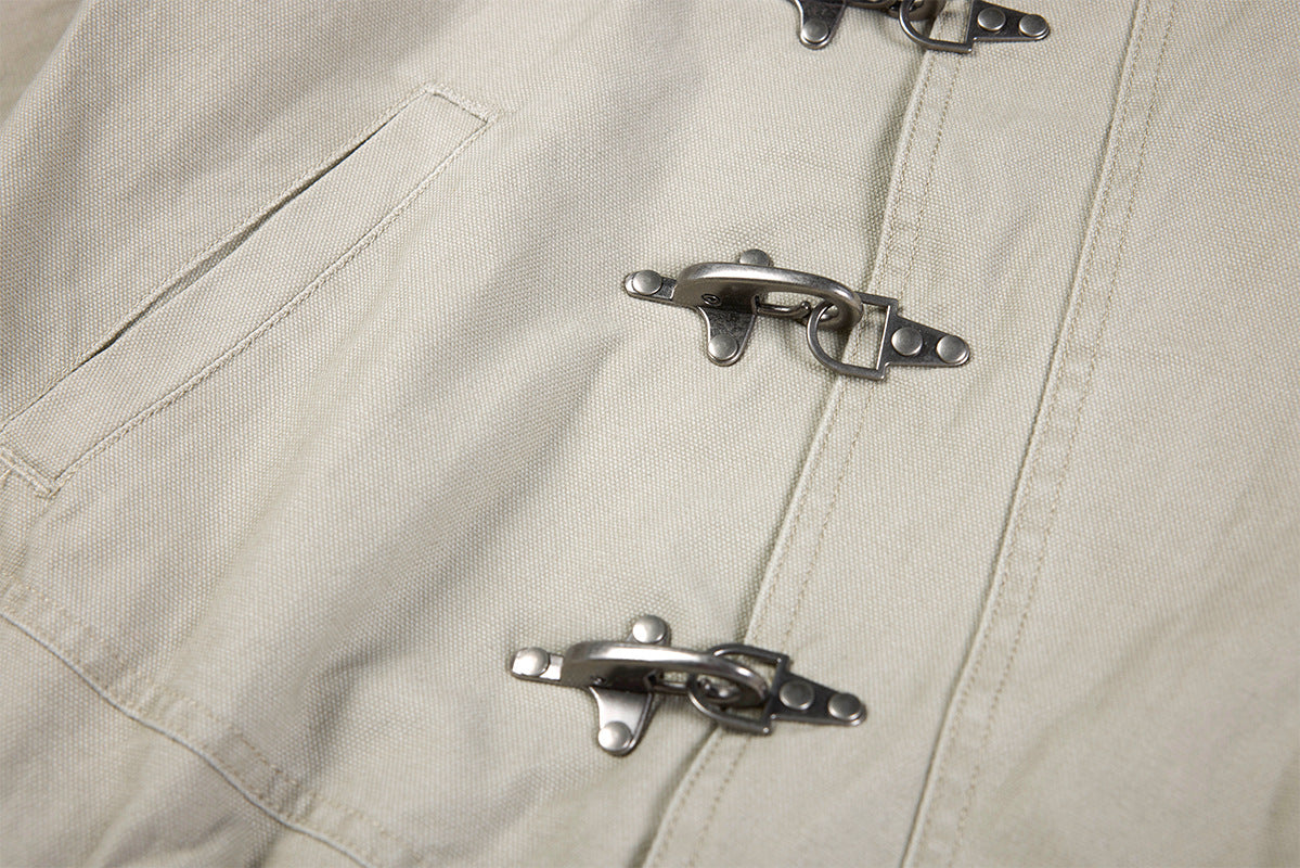 Metal Clasp Bomber Jacket – Washed Cotton Flight Jacket with Diagonal Buckle