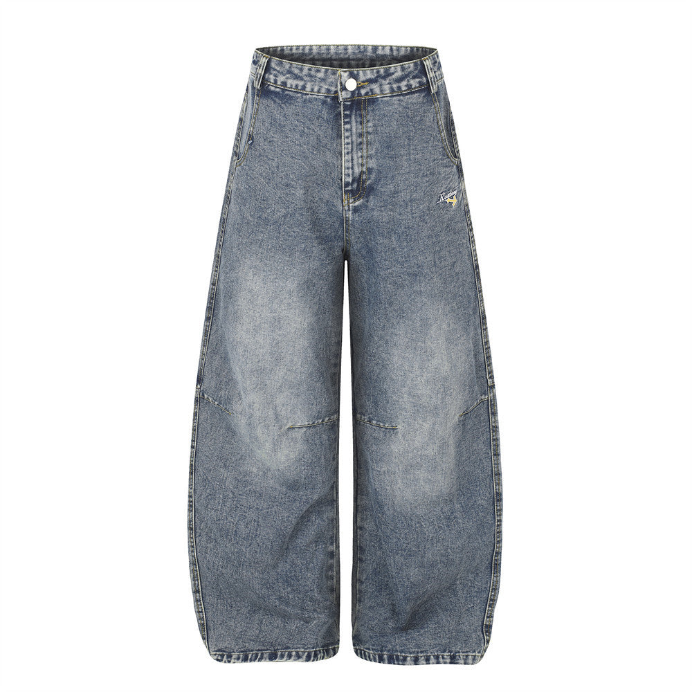 Wide-Leg Baggy Jeans with Cross Pocket Embroidery & Washed Distressed Finish