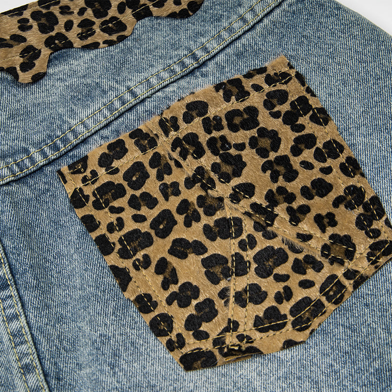 Leopard Print Patchwork Distressed Denim Shorts – Men's Retro Streetwear Wide Le