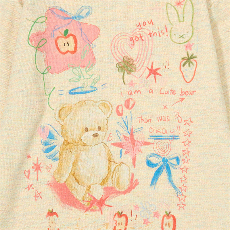 Graphic Oversized Long Sleeve T-Shirt – Cute Bear & Doodle Print