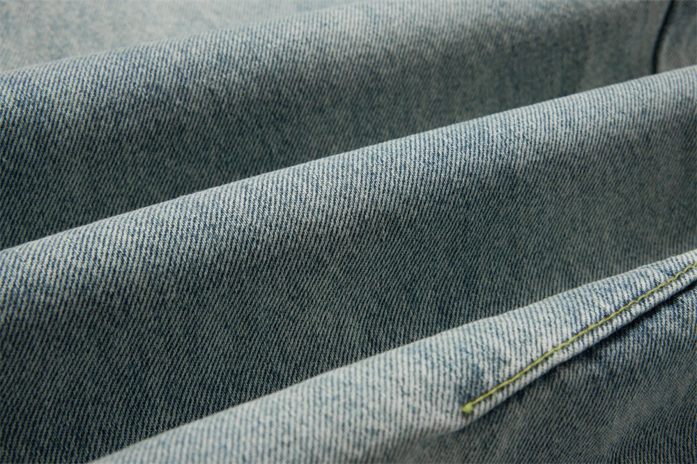 Pearl-Studded Wide-Leg Denim Cargo Jeans – Vintage Washed Scimitar Cut
