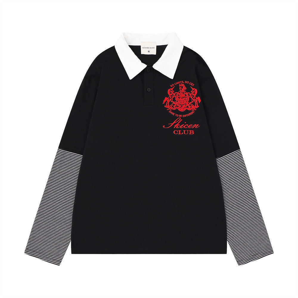 Black long sleeve polo shirt with white collar, striped contrast sleeves, and red embroidered Skicen Club crest on chest
