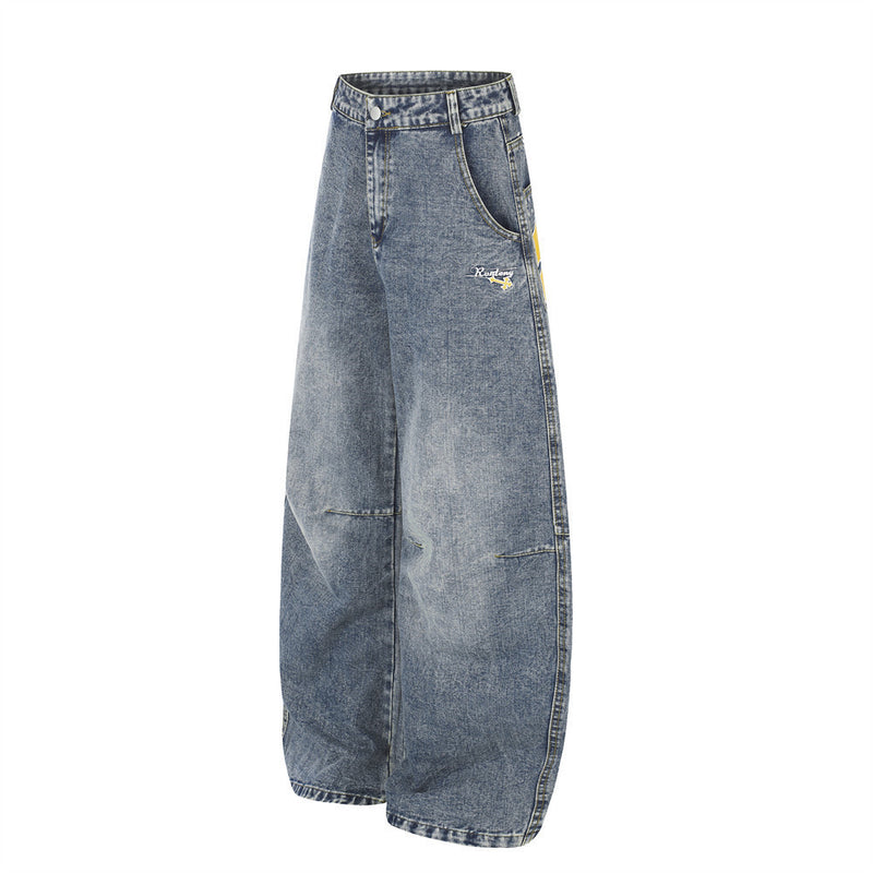 Wide-Leg Baggy Jeans with Cross Pocket Embroidery & Washed Distressed Finish