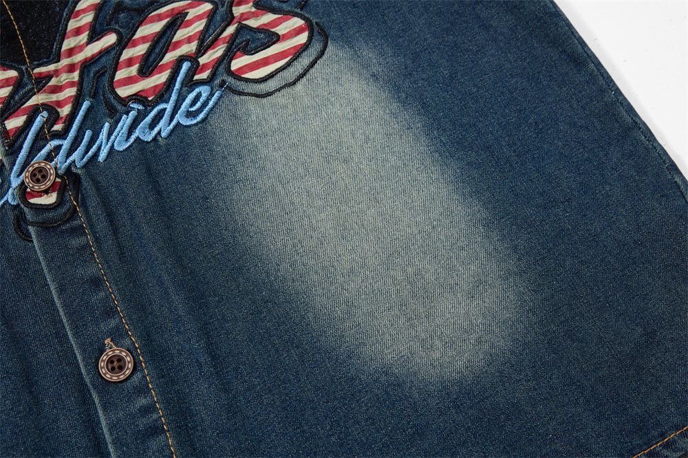 Mafas Worldwide Star Embroidered Washed Denim Shirt – Short Sleeve Oversized Fit