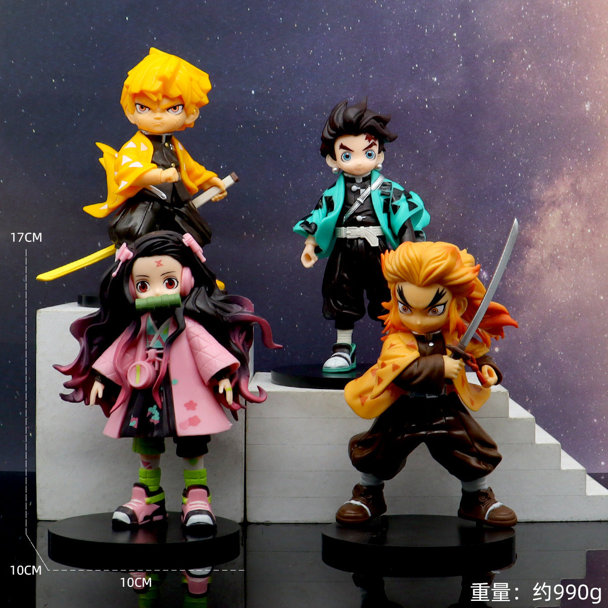 The 4-Piece Demon Slayer Figure Set features high-quality PVC figures of Tanjiro, Nezuko, Zenitsu, and Rengoku, each 17cm tall. Displayed against a galaxy-themed background with distinct outfits and poses, the set weighs approximately 990g. Ideal as an anime gift for Demon Slayer fans.