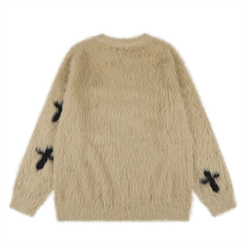 Pull homme oversize en maille jacquard croix duveteuse – Pull gothique à col rond