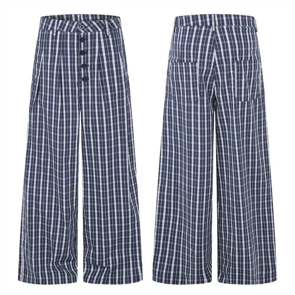 Men's Plaid Wide-Leg Trousers with Button Fly & Pleated Design