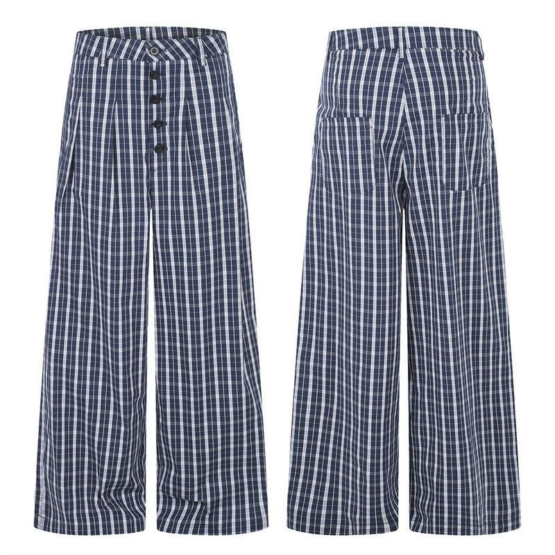 Men's Plaid Wide-Leg Trousers with Button Fly & Pleated Design