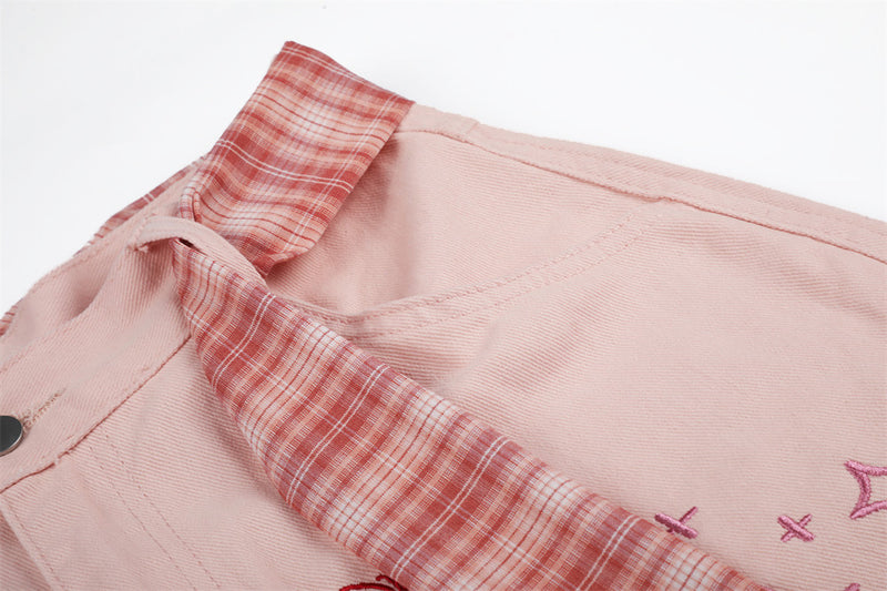 Cartoon Embroidery Wide-Leg Shorts with Plaid Tie Detail