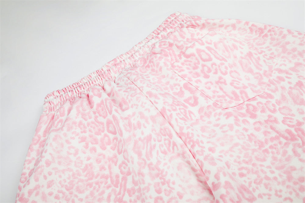 Pink Leopard Print Wide-Leg Sweatpants with Letter Embroidery
