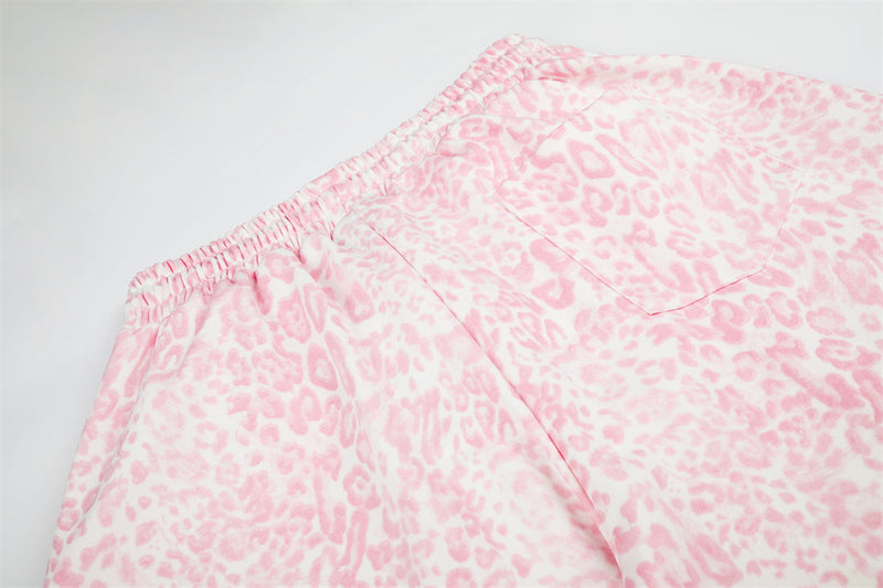 Pink Leopard Print Wide-Leg Sweatpants with Letter Embroidery