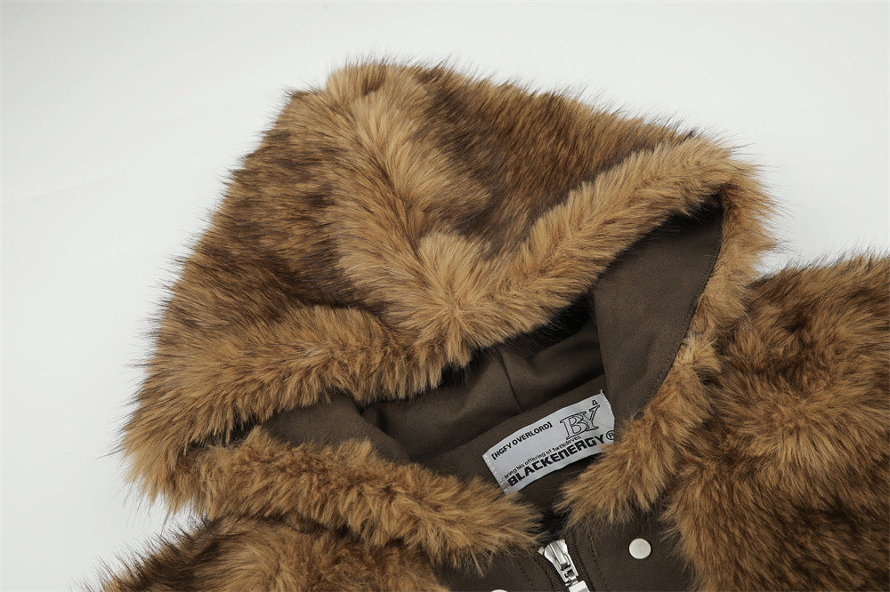Faux Fur Hooded Bomber Jacket – Brown Short-Cut Zip-Up with PU Leather Trim