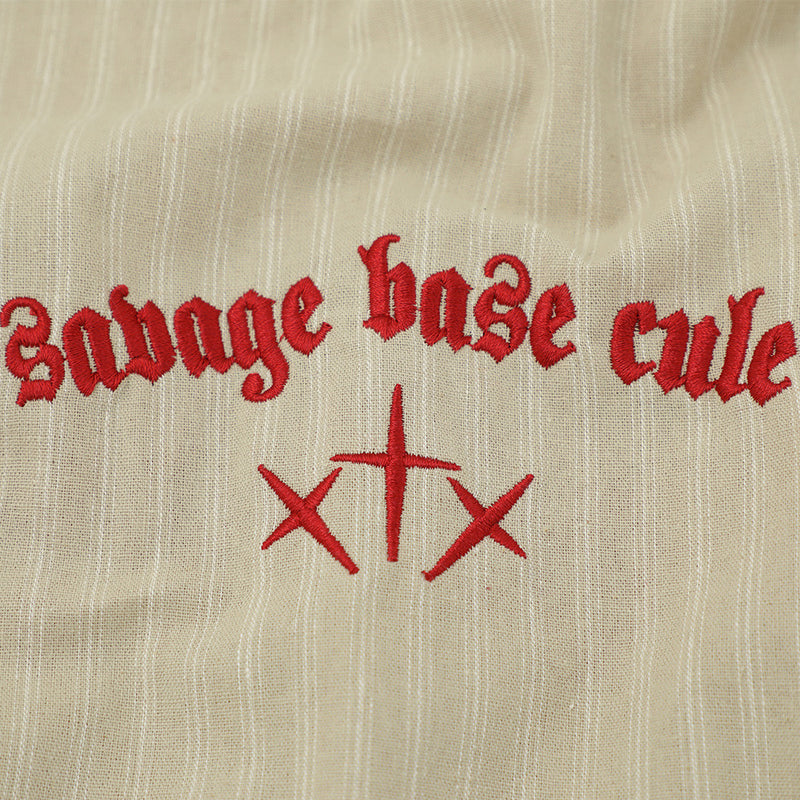 Striped Long Sleeve Shirt – Gothic Letter Embroidery, Relaxed Fit