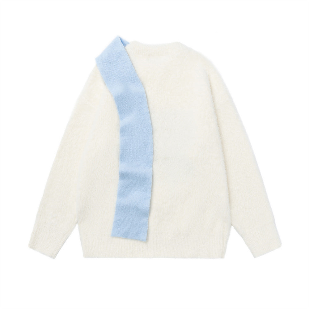 Cartoon Dog Colorblock Crew Neck Knit Sweater – Oversized Fuzzy Pullover