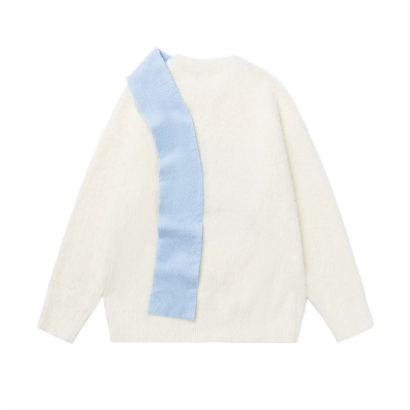 Cartoon Dog Colorblock Crew Neck Knit Sweater – Oversized Fuzzy Pullover