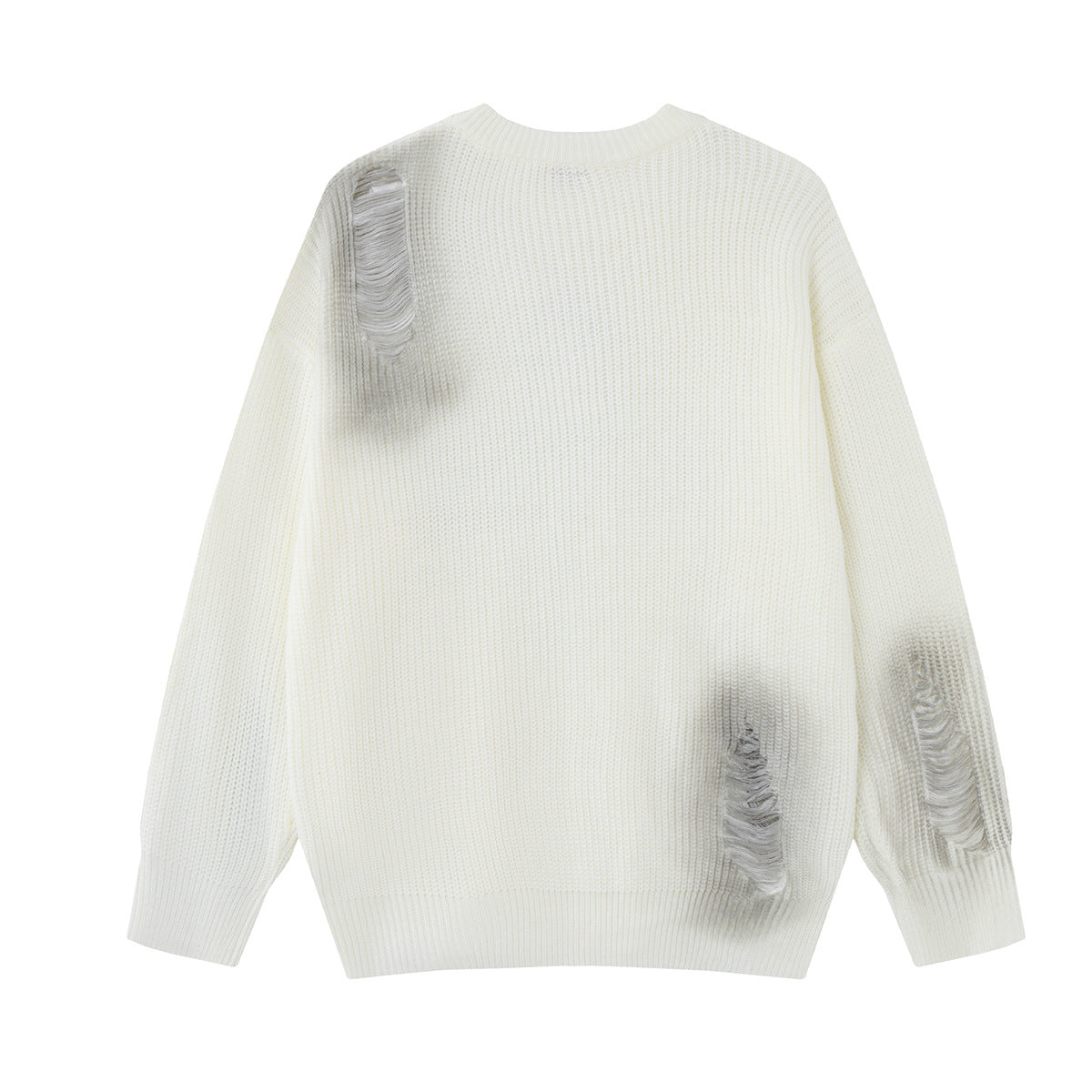 Distressed Crew Neck Sweater with Gothic Cross Print – Streetwear Knit