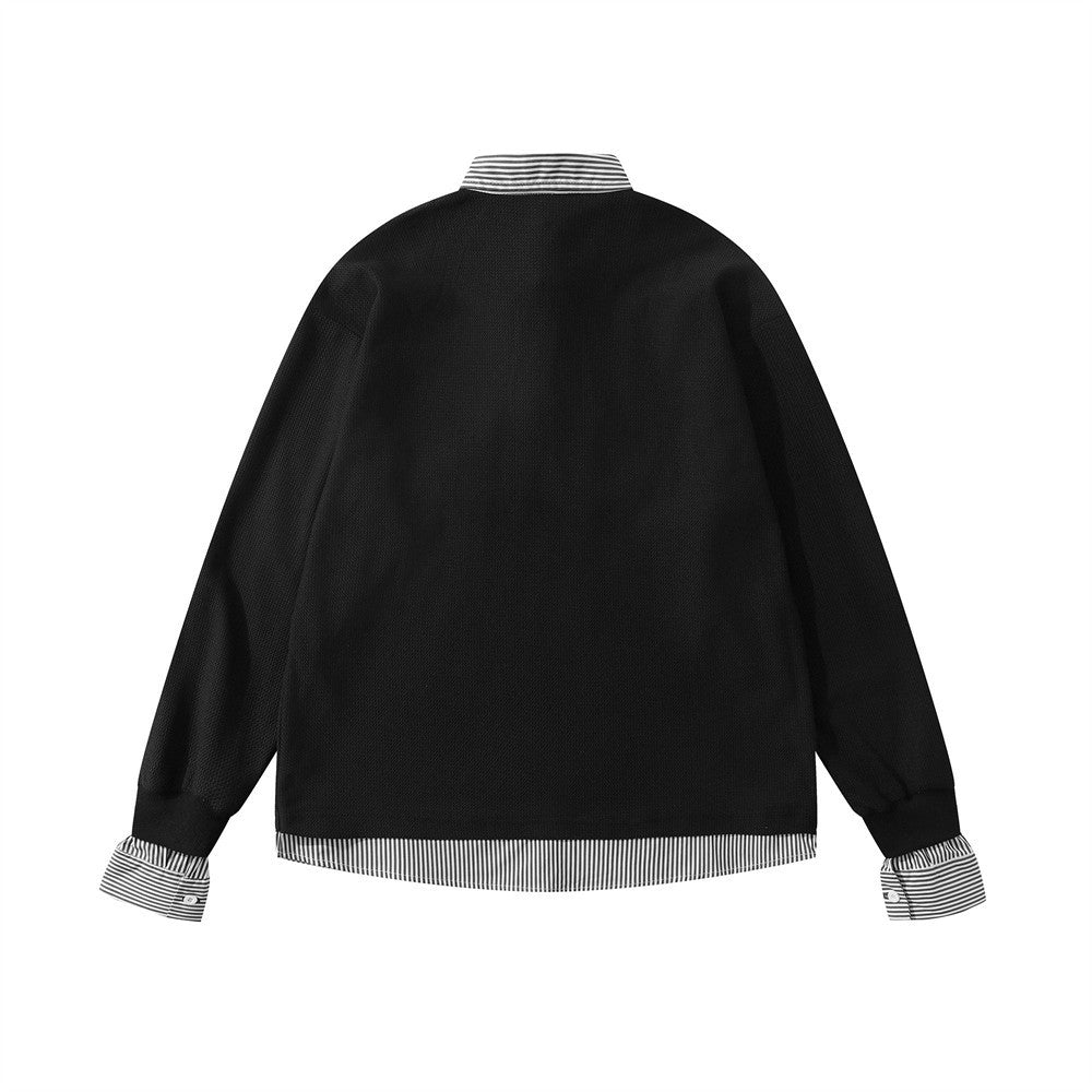 Men's Faux-Layered Polo Sweatshirt with Pearl Stud Letters and Striped Collar